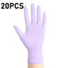 A hand wearing a light purple disposable nitrile glove is shown against a white background.