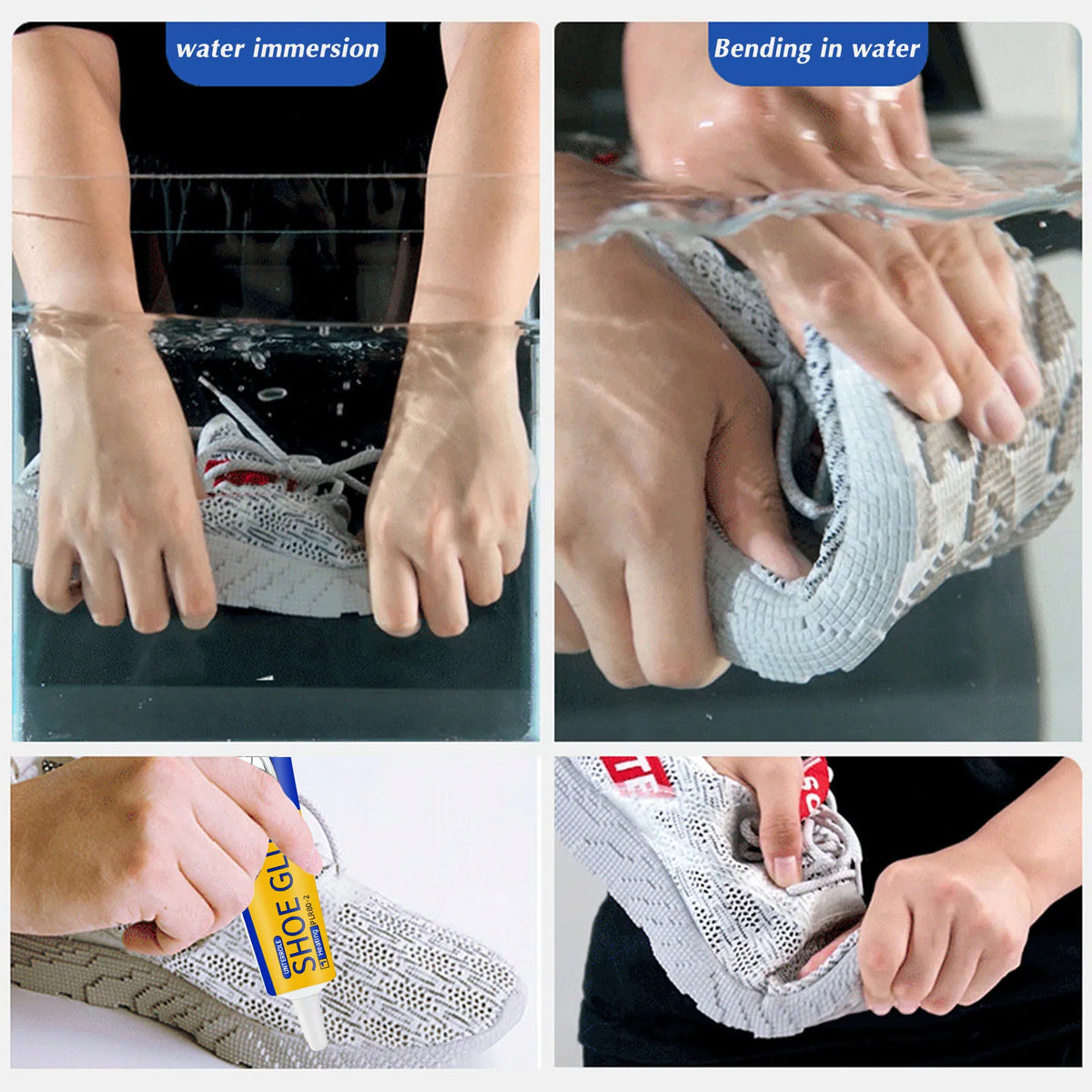 Demonstration of water immersion and bending techniques for shoe repair using an adhesive kit.