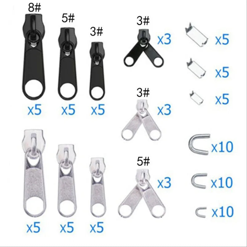 A collection of zipper repair components including sliders, hooks, and other parts in various sizes and quantities.
