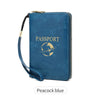 A navy blue passport holder wallet with a gold clasp and wrist strap featuring a globe design.