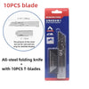 A package of a WorkPro folding knife with 10 pieces of T-blades and a diagram showing the blade dimensions.
