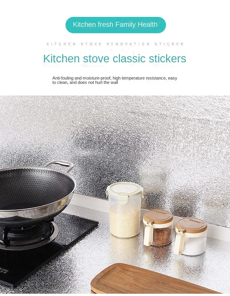 Stove renovation stickers showing anti-fouling and moisture-proof protection on a kitchen surface.