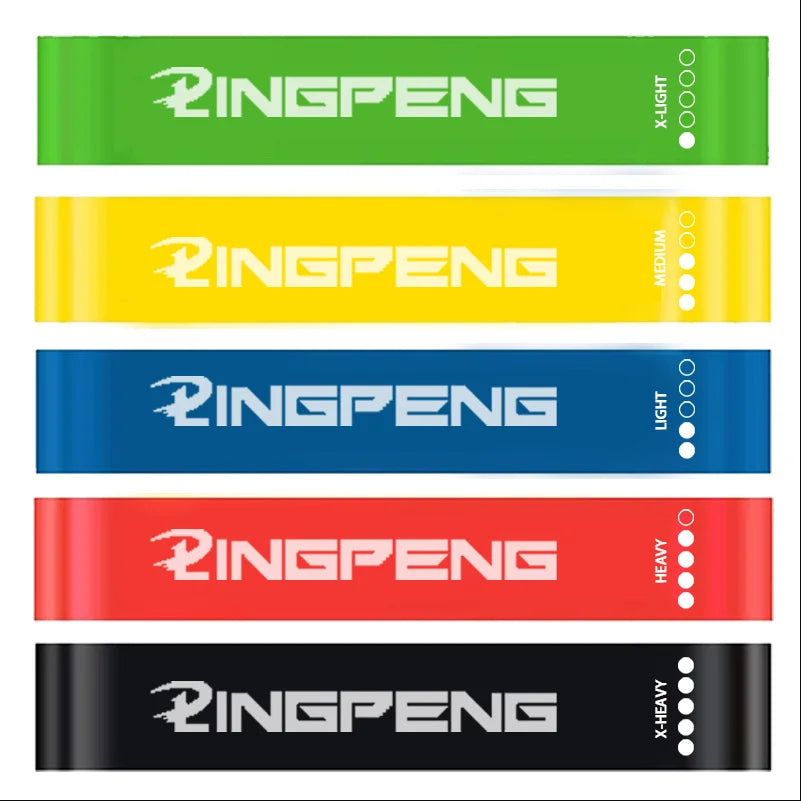 A set of five colored resistance loop bands labeled with different resistance levels: X-LIGHT, MEDIUM, LIGHT, HEAVY, and X-HE