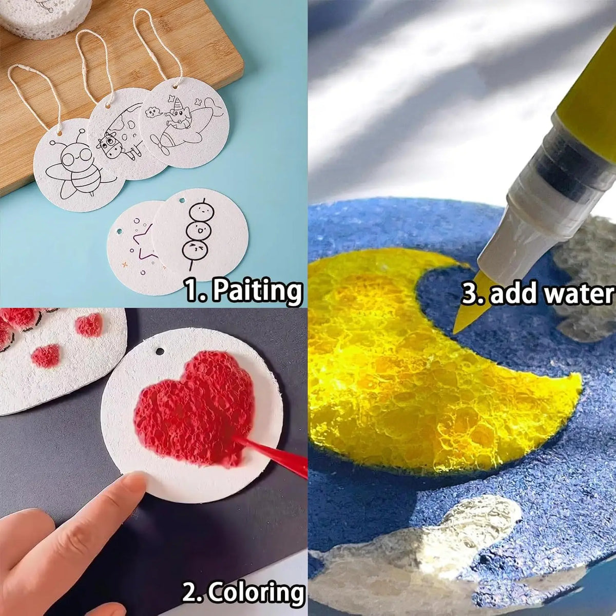 A set of puffy texture painting paper for kids' DIY art projects showing various painting and coloring techniques.