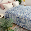 A blue and white patterned cotton bedspread is displayed on a bed with pink pillows, next to green foliage.
