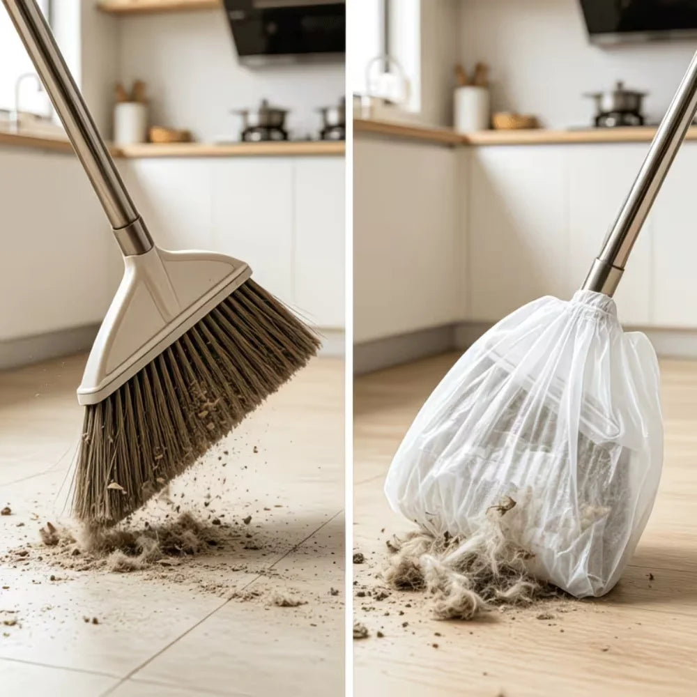 A close-up view of a disposable electrostatic broom cover being used to clean a wooden floor.