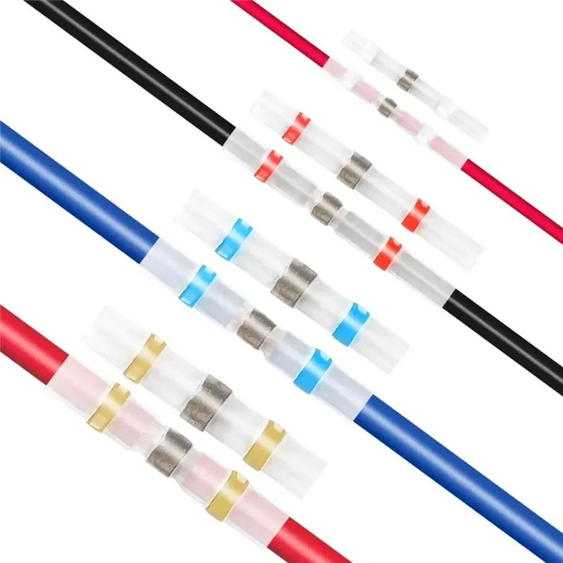Assortment of waterproof heat shrink solder wire connectors in various colors like blue, red, and white.