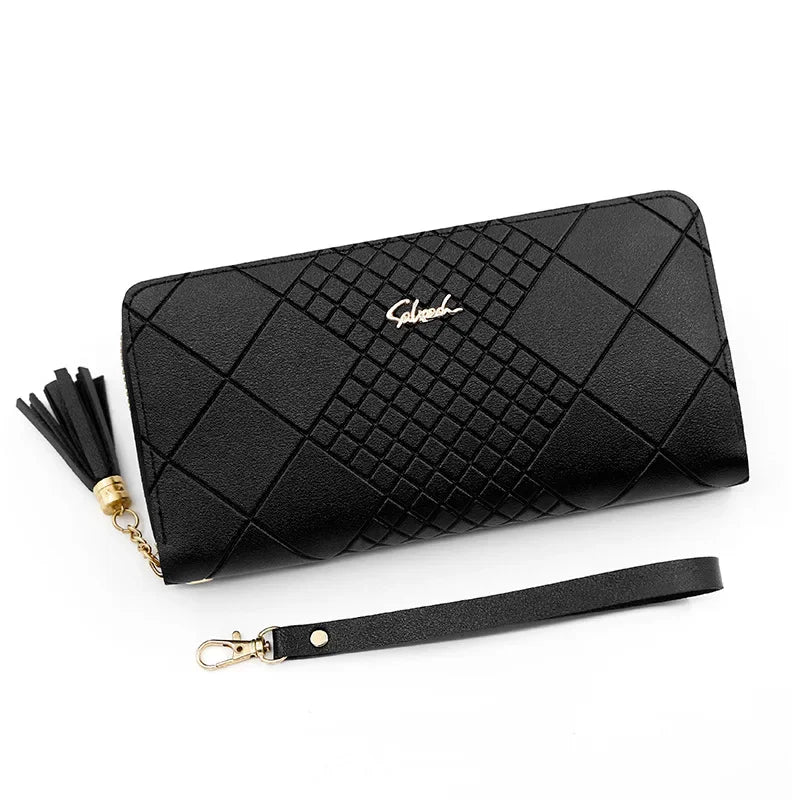 Black quilted PU leather wristlet clutch wallet with a phone pocket and tassel