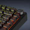 Close-up view of a black mechanical keyboard with multi-functional metal knobs and keys.