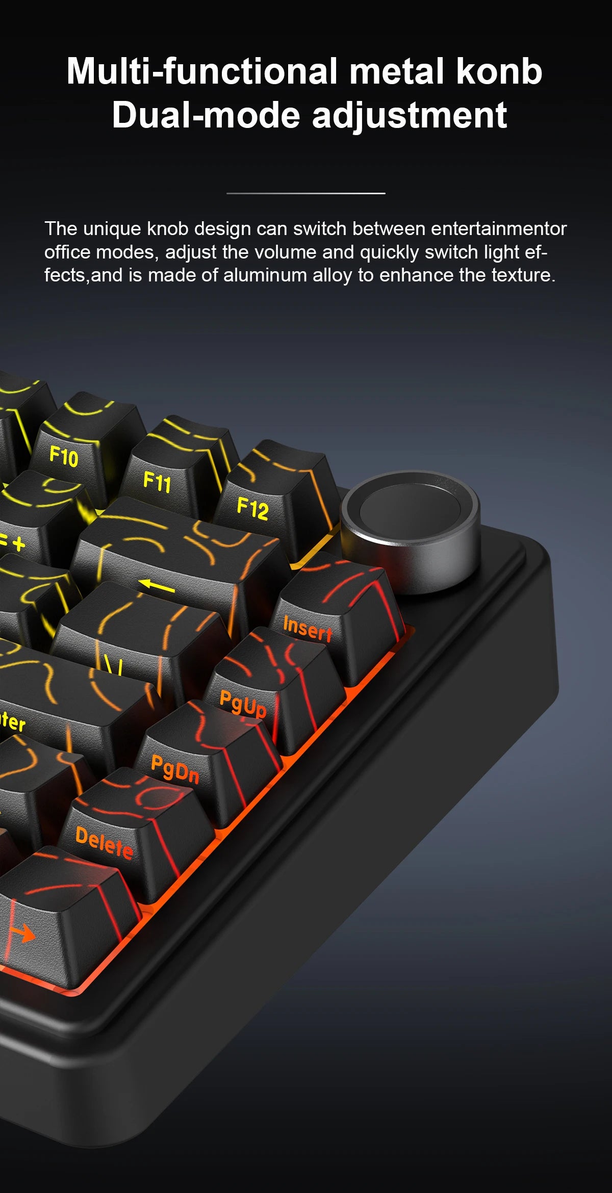 Close-up view of a black mechanical keyboard with multi-functional metal knobs and keys.