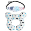 A white and blue patterned baby head and neck support pillow with a black safety strap.