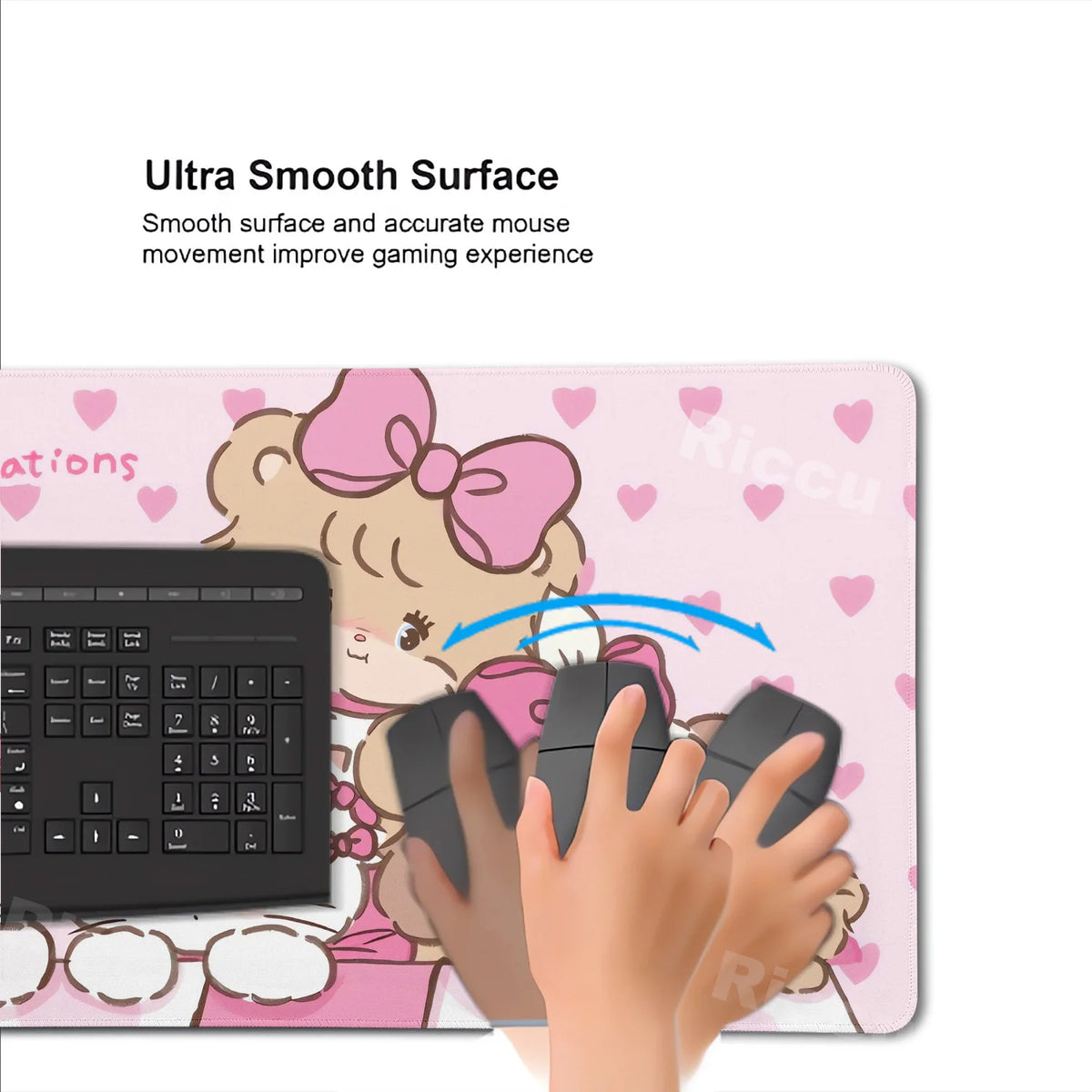 A pink kawaii cartoon gaming desk mat featuring a cute character and a black gaming mouse.