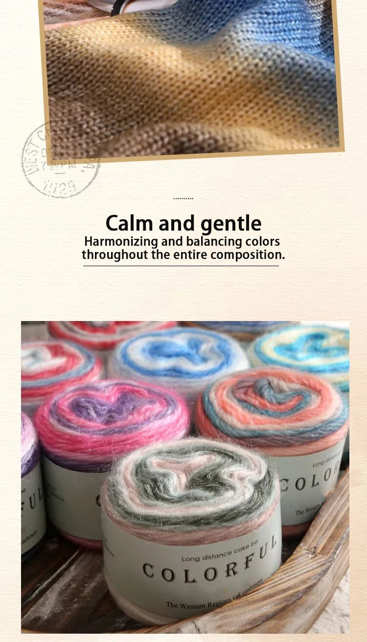 A close-up of colorful gradient cake yarn in various shades of pink, blue, and orange, showing texture and color blending.