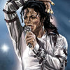 A dramatic painting of a woman with dark hair and white clothing holding a microphone, illuminated by bright light.
