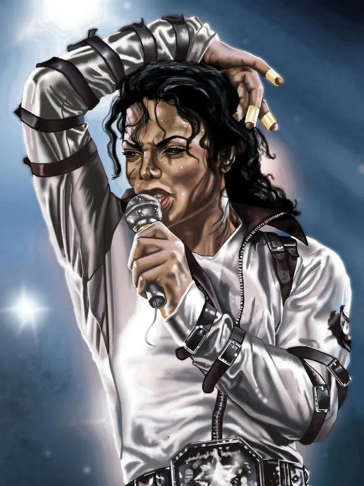A dramatic painting of a woman with dark hair and white clothing holding a microphone, illuminated by bright light.