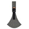 A beige ergonomic baby sling carrier with a black strap and a patterned fabric seat.