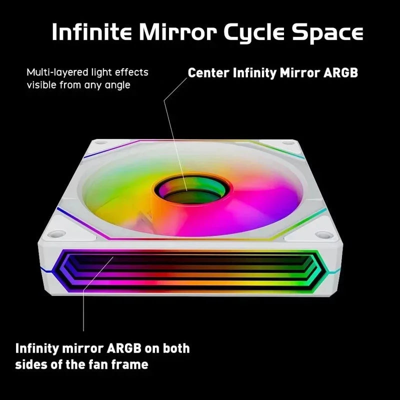 Weißer Computerlüfter mit Infinity-Spiegel ARGB-Effekt auf beiden Seiten des Lüfterrahmens.