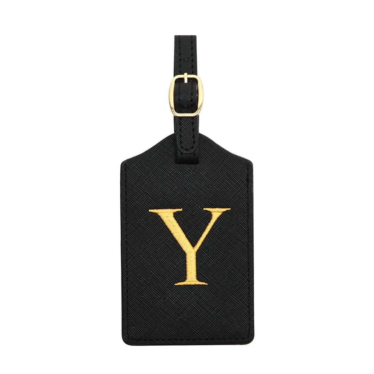Black PU leather luggage tag with a gold letter Y and a gold ring attached.