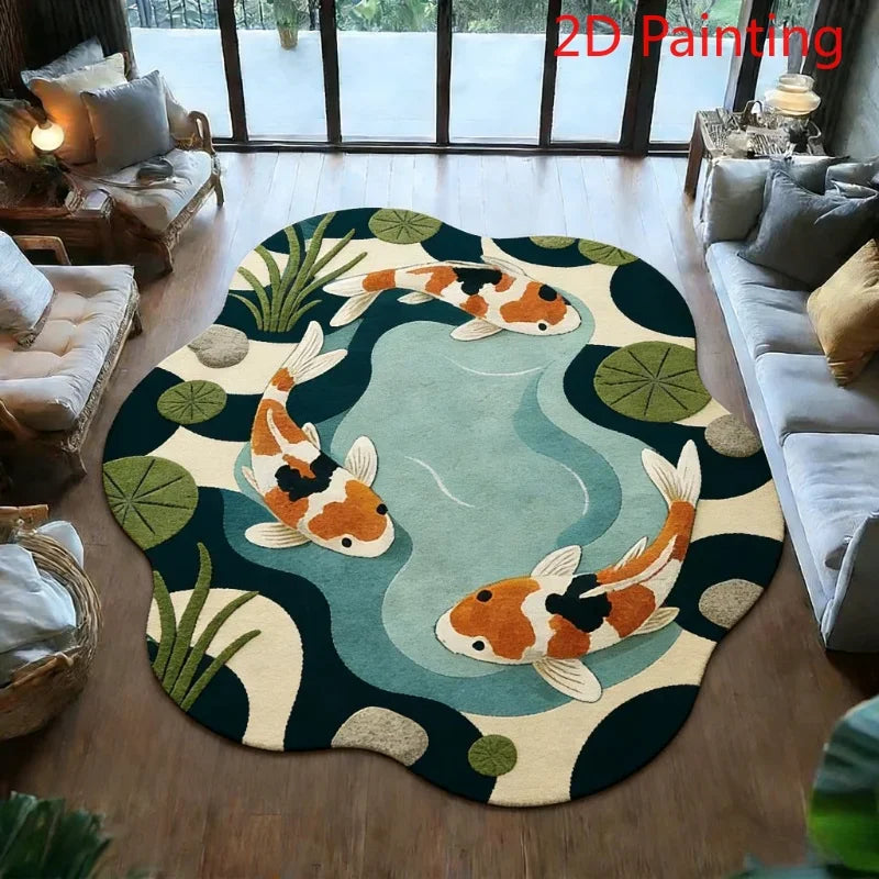 A round non-slip rug featuring an artistic painting design of orange and white koi fish swimming in teal and green foliage.