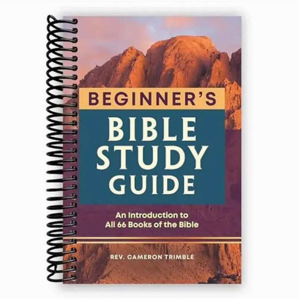 A spiral-bound guide titled Beginner's Bible Study Guide with a sunset landscape background.