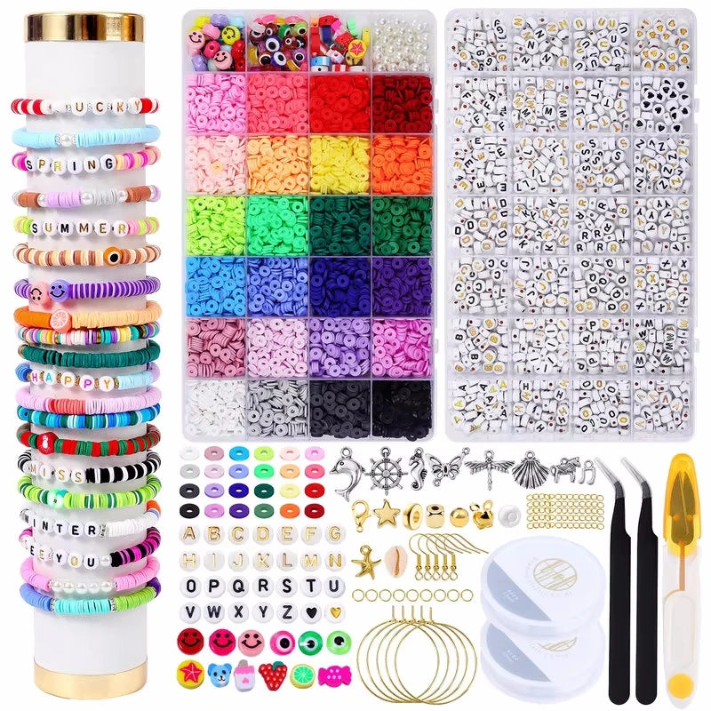 A kit for DIY jewelry making featuring rainbow polymer clay beads, letters, and various colored beads.
