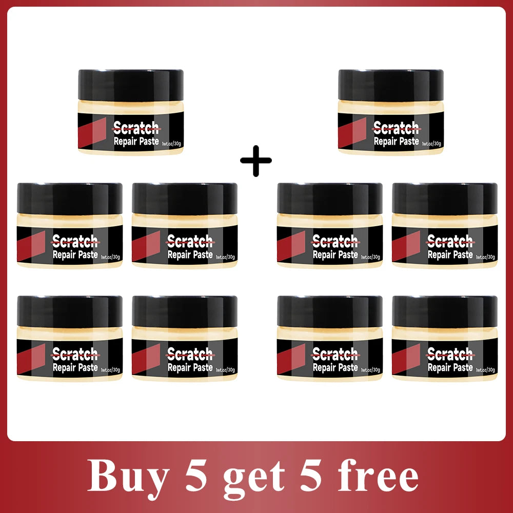 Five jars of Scratch Repair Paste product shown with a Buy 5 get 5 free promotion.