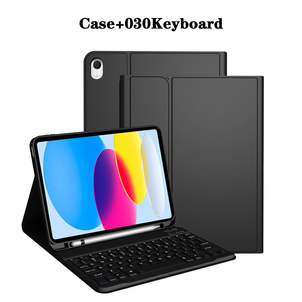 A black case holding a tablet and a detachable wireless keyboard.