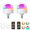 A rechargeable LED smart bulb with a remote control and RGB mode, shown alongside charging cables and color options.