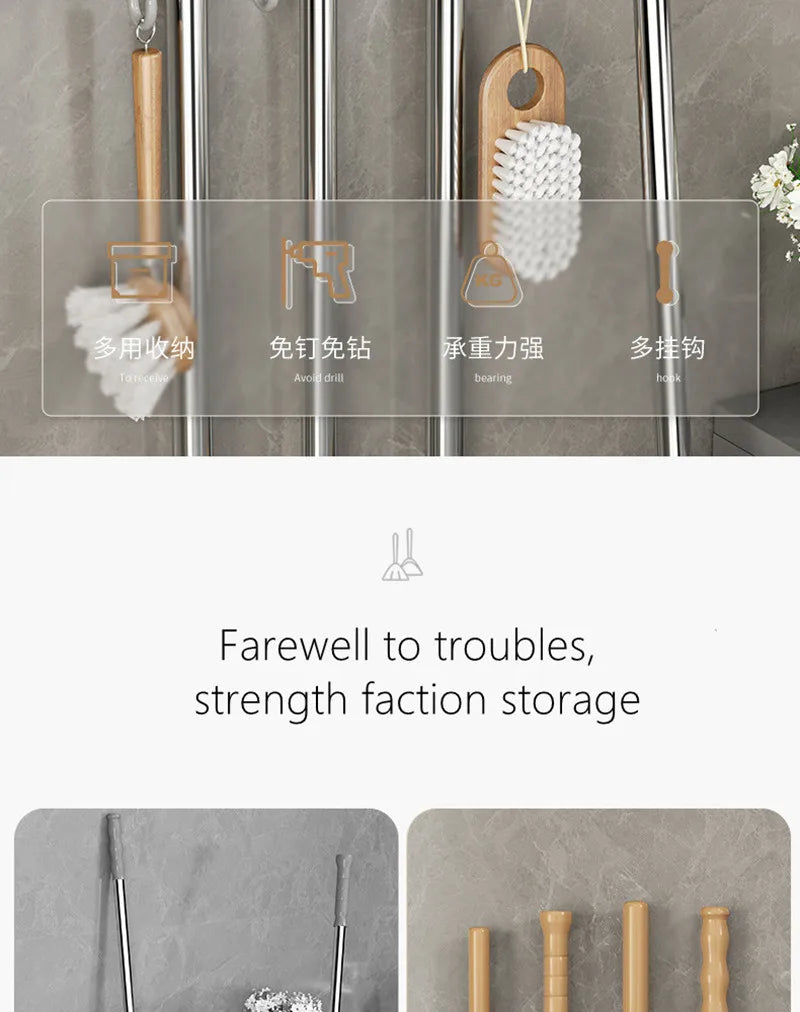 Wall-Mounted Mop and Broom Holder with Adhesive Mount