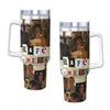 A stainless steel tumbler featuring a collage of movie stills, including scenes from the film Rafter.