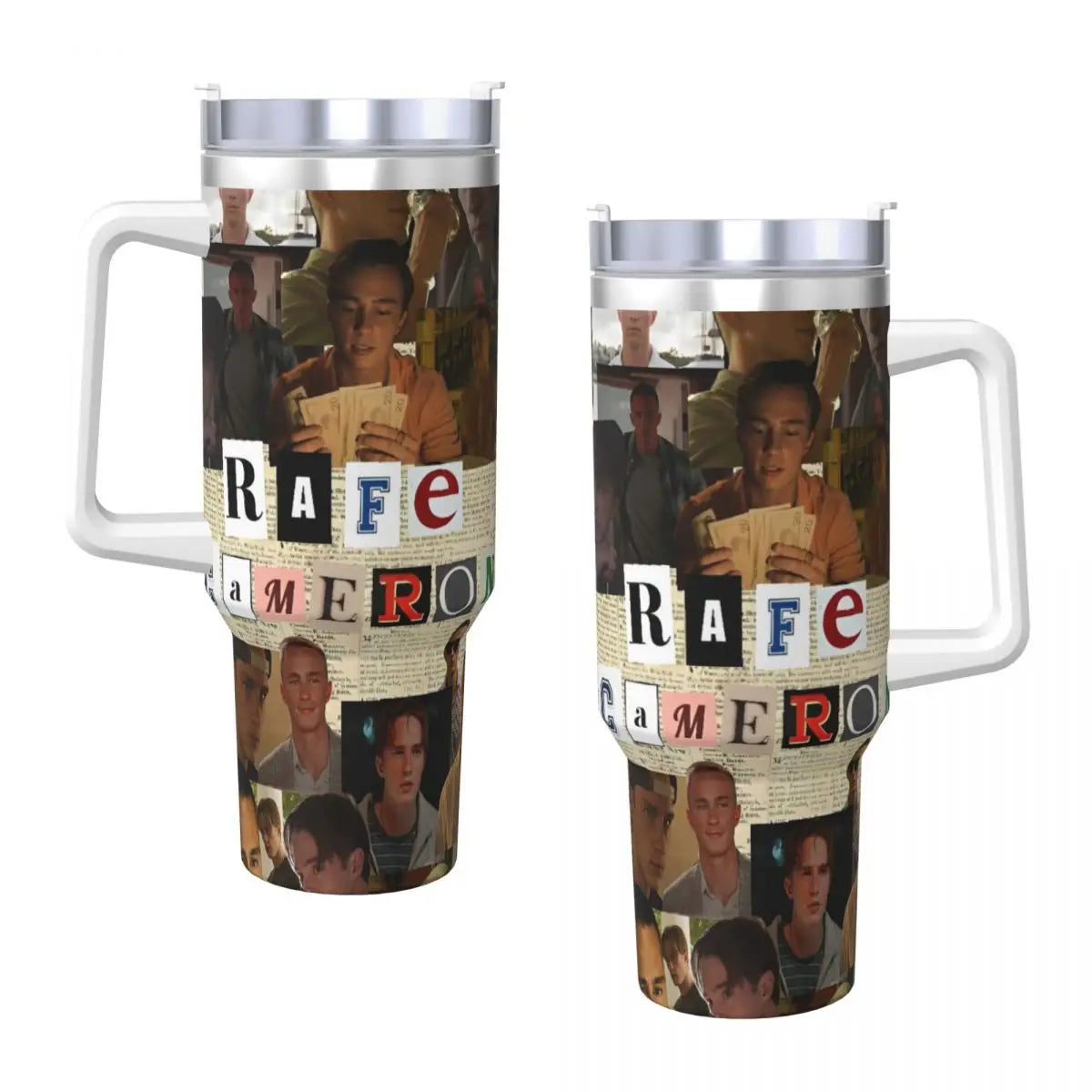 A stainless steel tumbler featuring a collage of movie stills, including scenes from the film Rafter.
