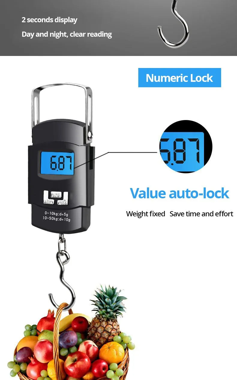 A black digital luggage scale with a numeric lock and auto-lock feature is shown hanging over a fruit basket.