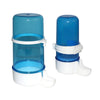A blue hanging bird feeder and water dispenser with white components.