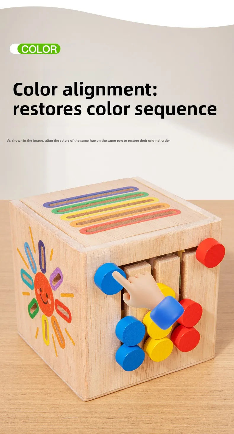 A wooden sorting toy with colored rods and shapes used to restore a color sequence.