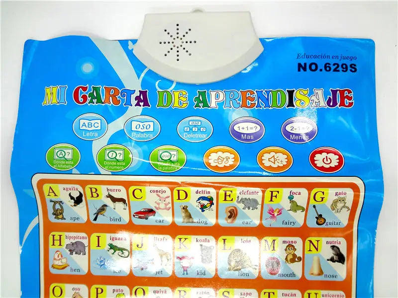 A colorful learning poster with letters and words in Spanish and English for toddlers.