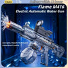 A black electric automatic water gun with a barrel and a round projectile, shown in a dark, futuristic setting.