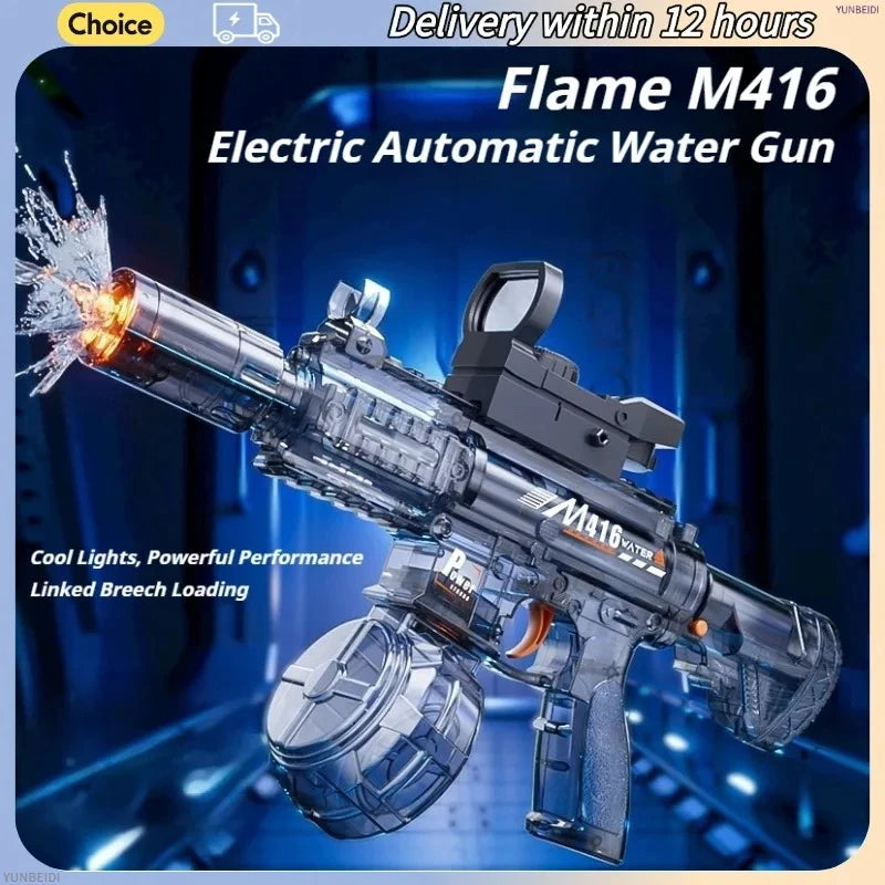 A black electric automatic water gun with a barrel and a round projectile, shown in a dark, futuristic setting.