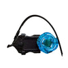 A black launcher and spinning top toy with a clear blue glass body and a flexible black wire.