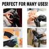 A set of black nitrile disposable gloves being used for various tasks like handling objects and cleaning.