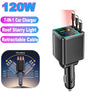 7-in-1 120W Car Charger with Retractable Cables and Digital Voltmeter