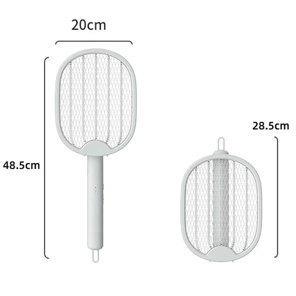 A white foldable electric mosquito swatter with a mesh head and handle is shown.