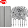 A pile of silver double head wood nails next to a set of smooth metal rods.