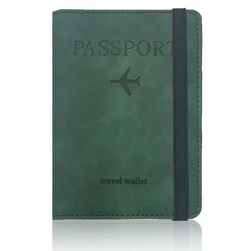 A dark green leather passport wallet with a black strap and the word PASSPORT printed on the cover.