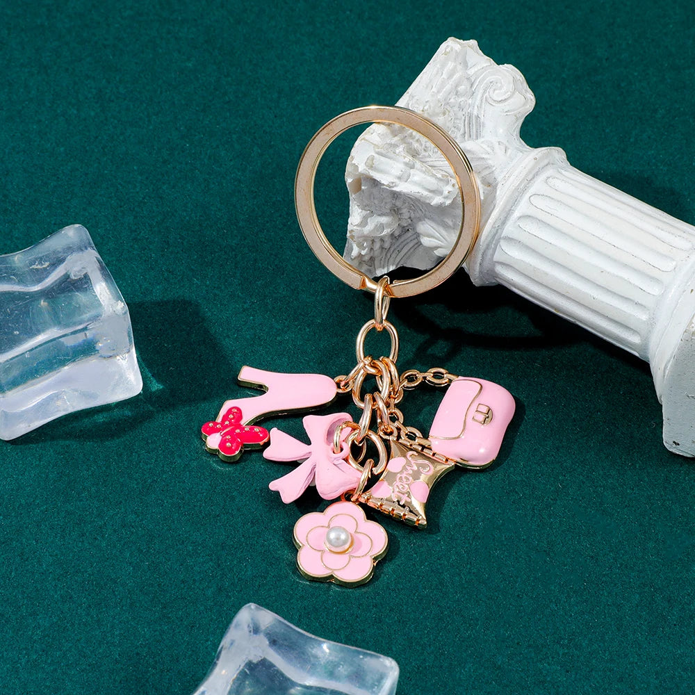 Enamel Heart & Bow Keychain with Flower Charm