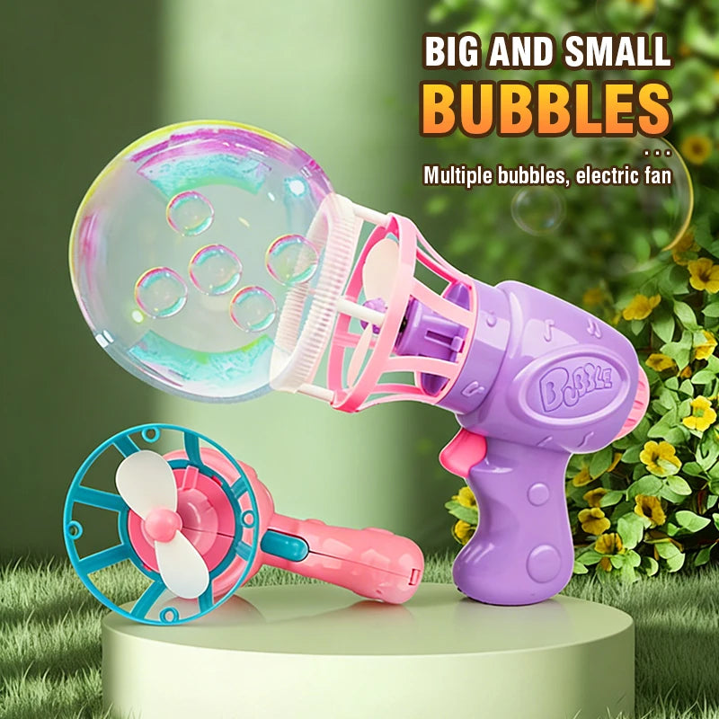 A purple automatic bubble gun is shown next to a large bubble and a smaller version, with green foliage in the background.
