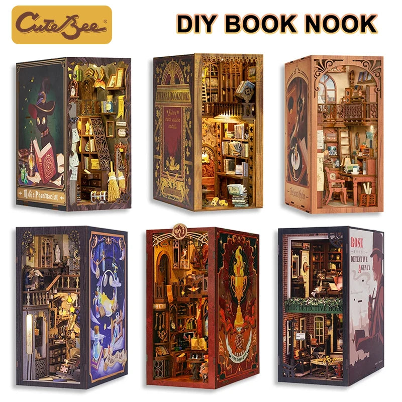 DIY book nook kit featuring an ornate bookstore display with intricate details and LED lighting.