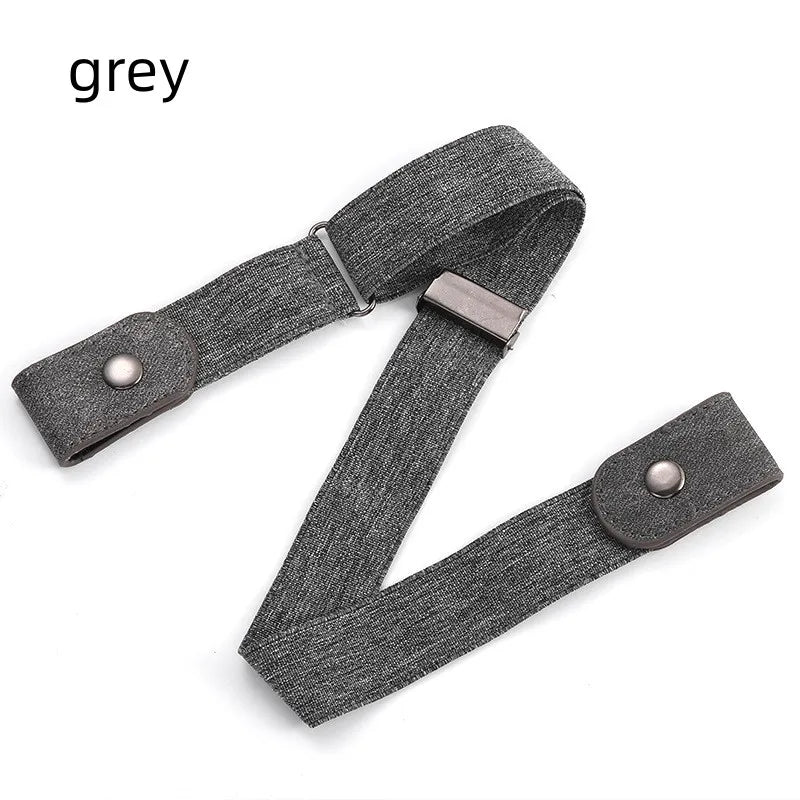 A grey no-buckle stretch elastic belt for men and women shown flat.