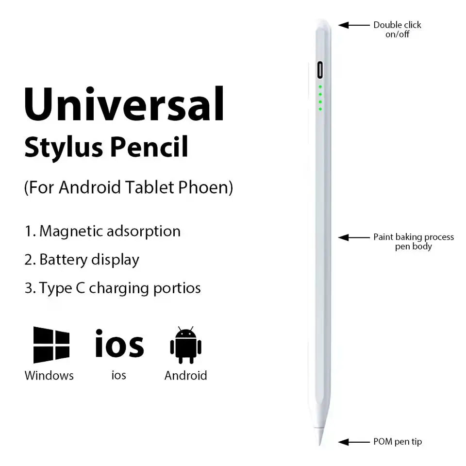 Weißer Stift neben Symbolen für Kompatibilität mit Android, iOS und Windows-Geräten.