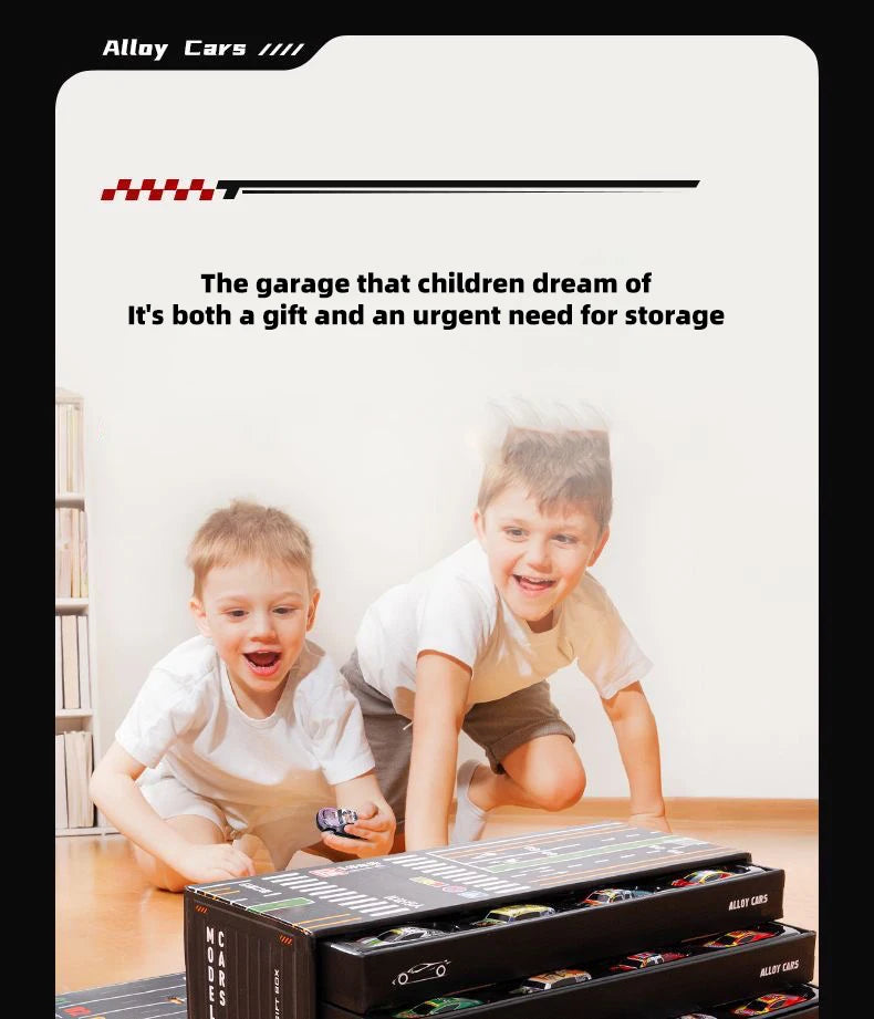 A collection of diecast metal cars is displayed in black boxes, with two smiling children in the background.