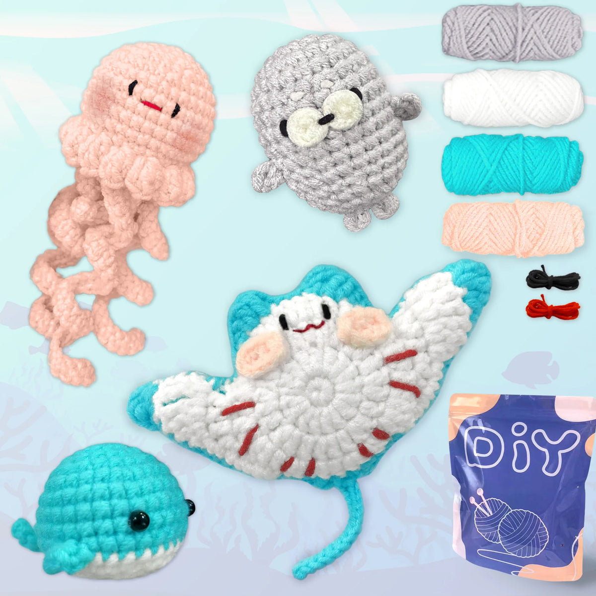 A collection of crocheted animal amigurumi toys including a pink dinosaur, gray monster, white creature, and a blue fish.
